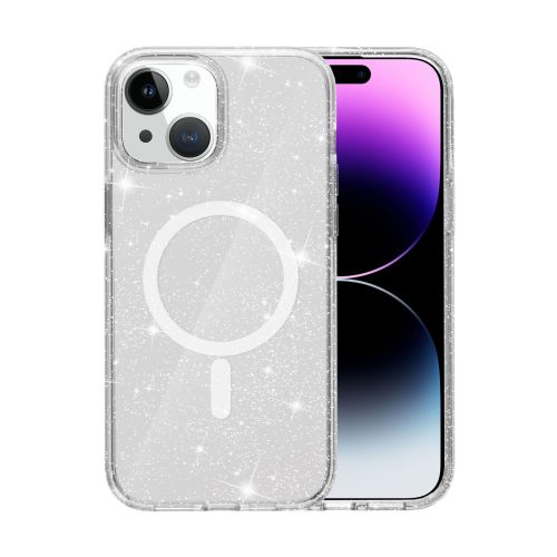 iPhone 15 MagSafe átlátszó csillámos szilikon tok 